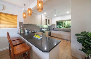 Full-sized fridge, microwave, stovetop, dishwasher