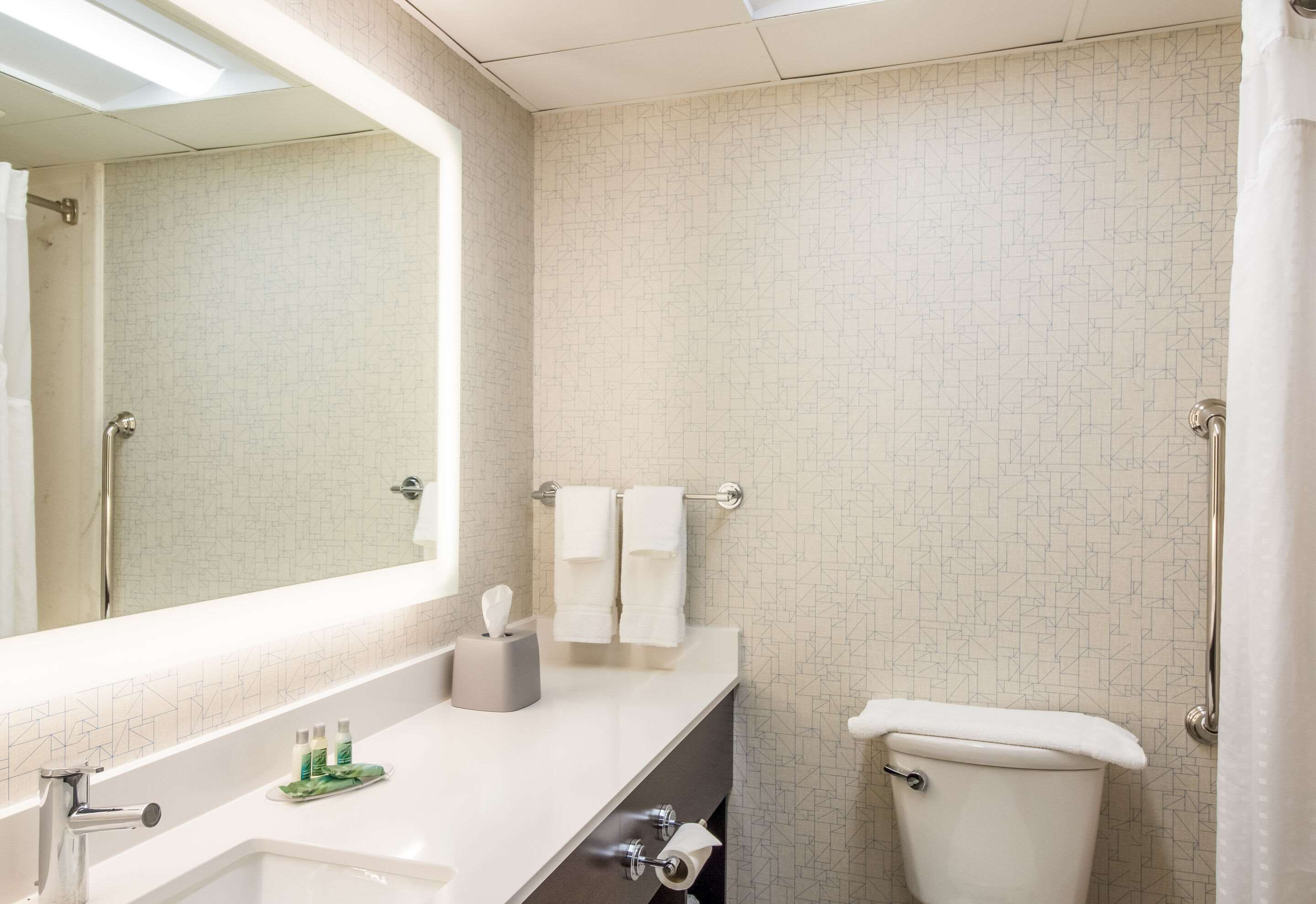 combined shower/bathtub, free toiletries, hair dryer, towels