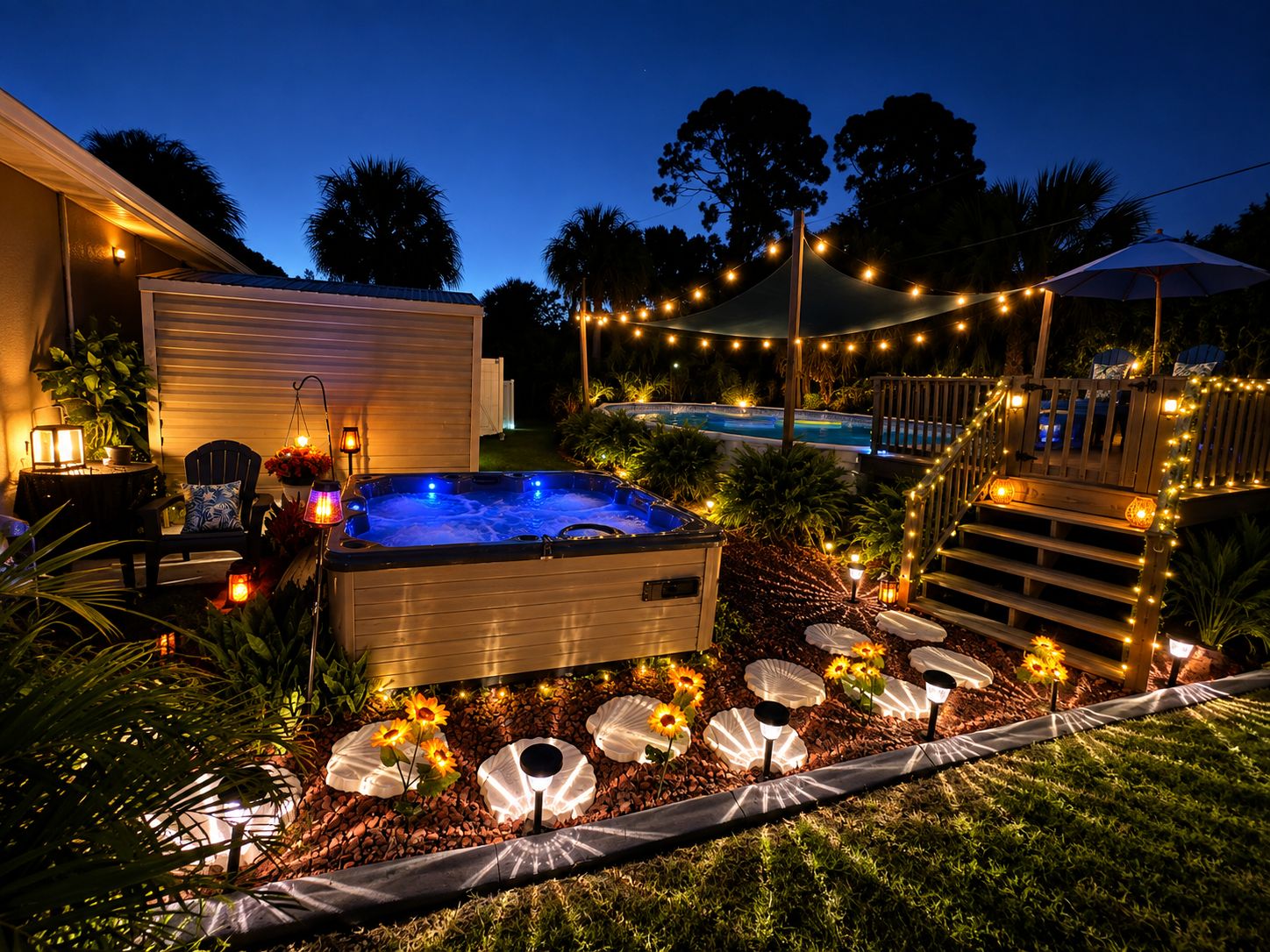 Ein Whirlpool, umgeben von einer Terrasse mit Lichterketten, einem Pool und einem überdachten Bereich mit einer Holztreppe.