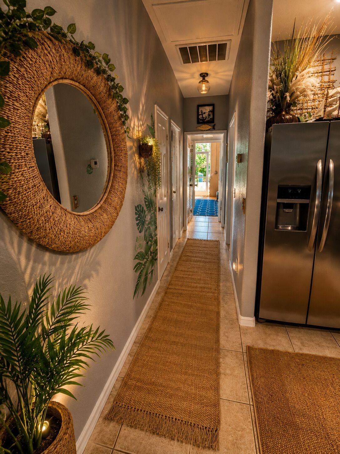 A hallway with a woven mirror, a refrigerator, and a blue mat leading to a door.