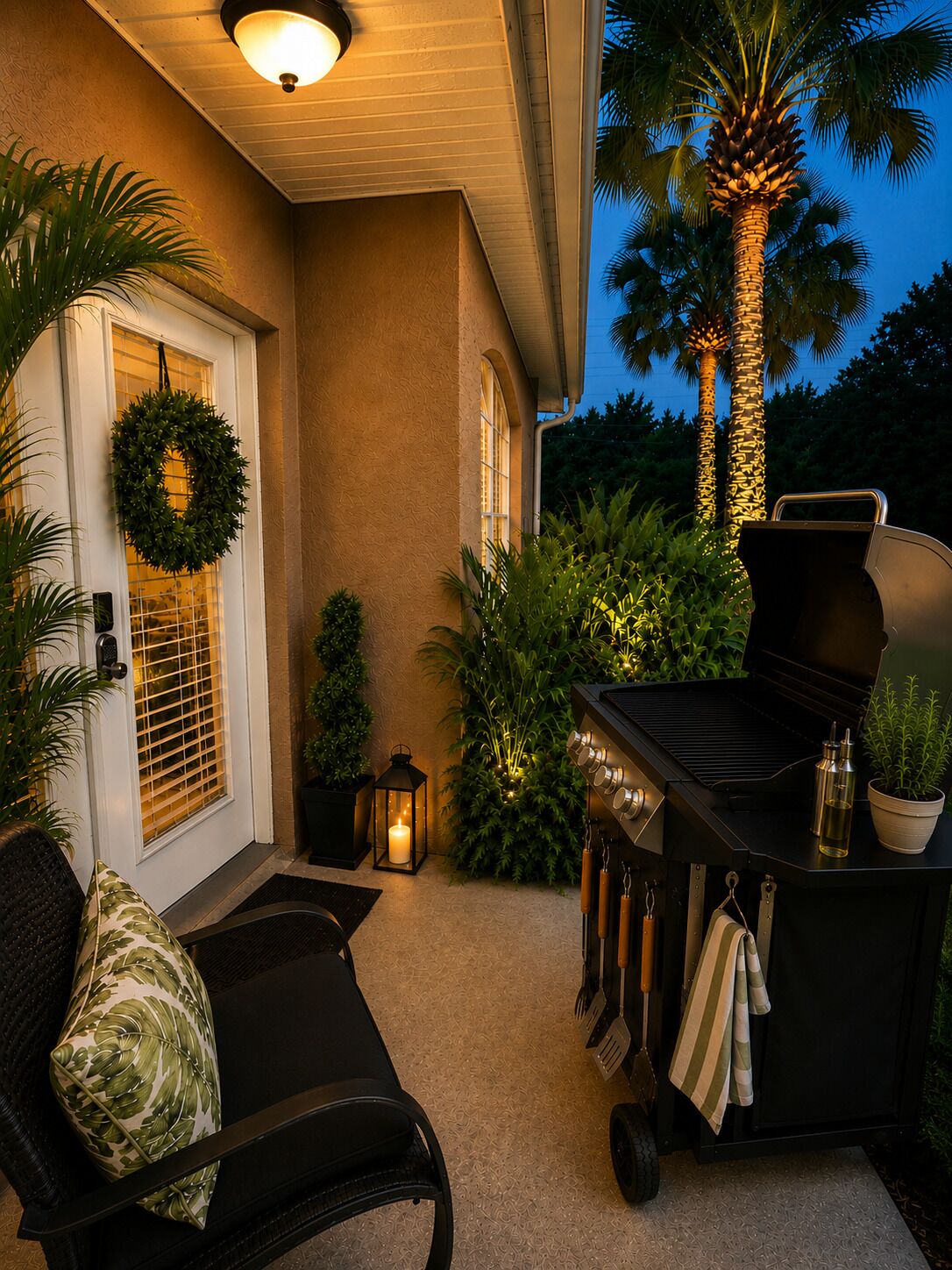 An outdoor patio with a grill, a door with a wreath, and a palm tree.