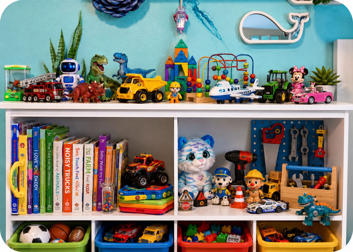 A shelf with various toys, books, and a toy car.