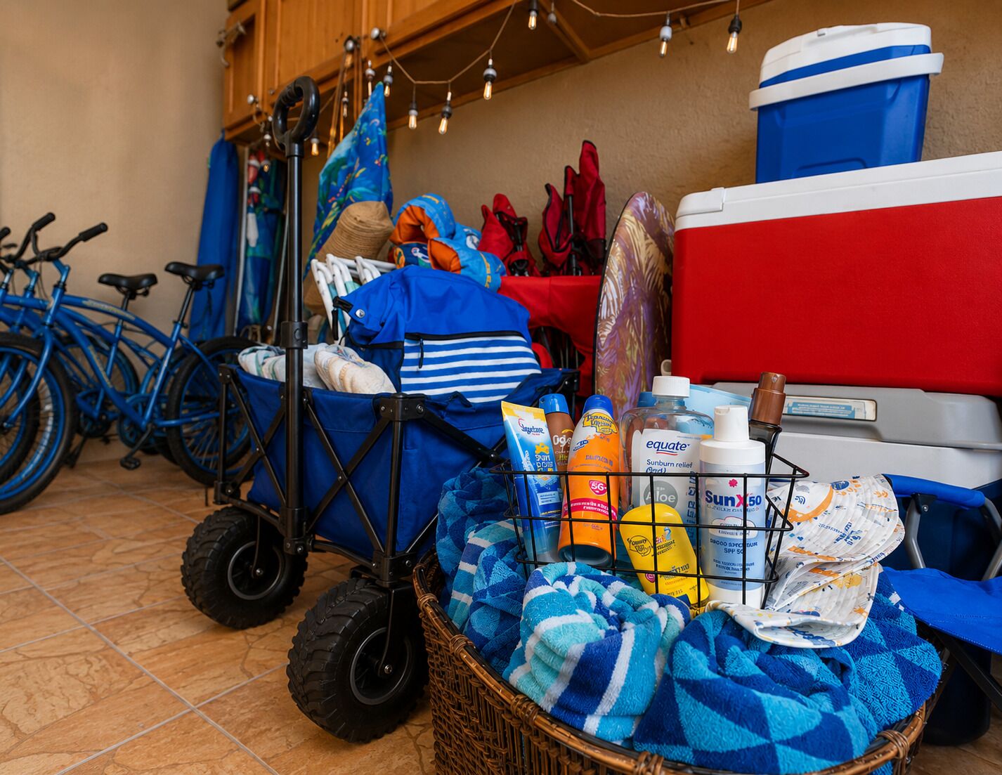 A storage area with a cart, a cooler, and various items including a basket with towels and toiletries.
