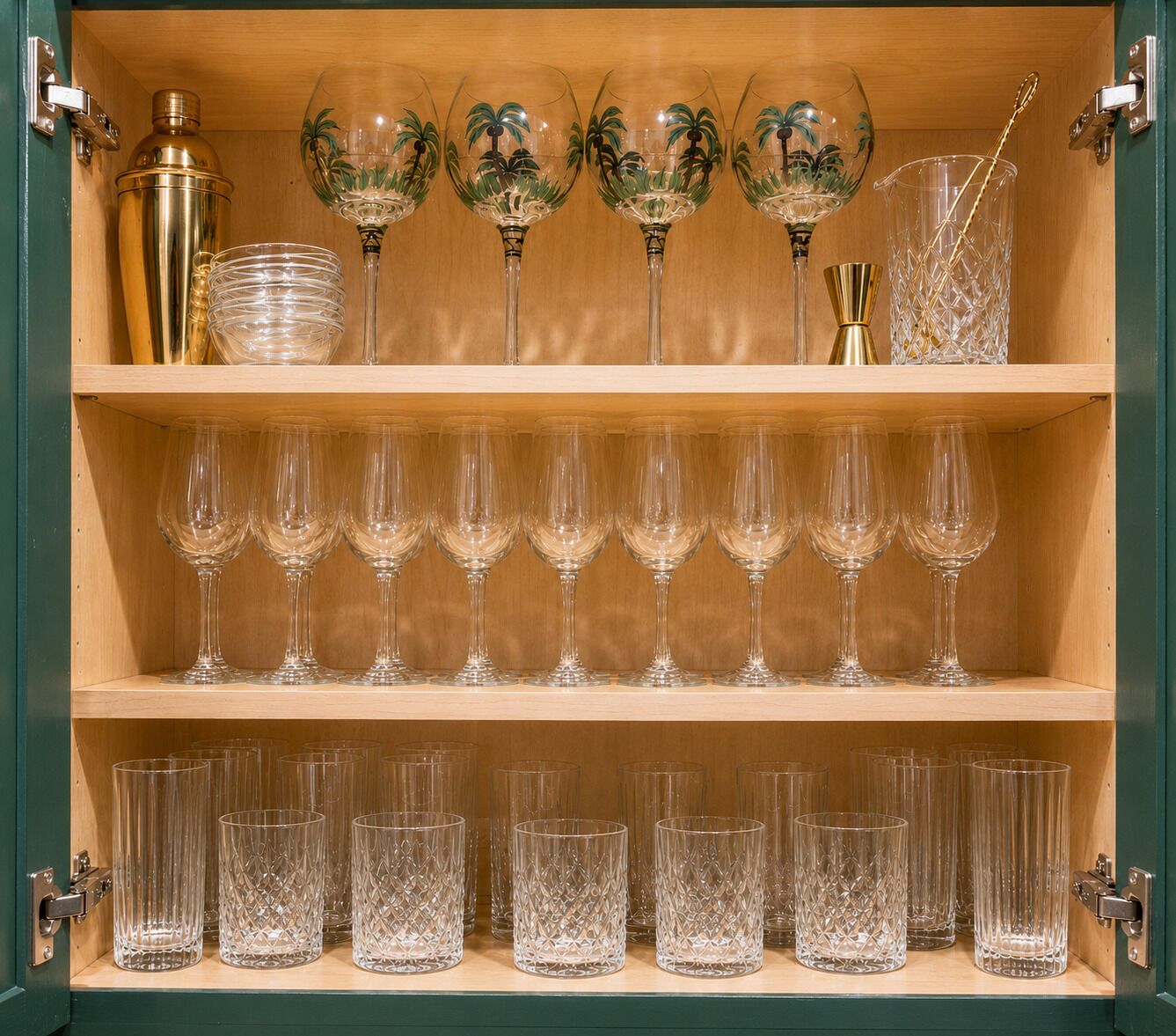 A wooden cabinet with shelves containing various glassware, including wine glasses, stemware, and crystal glasses.