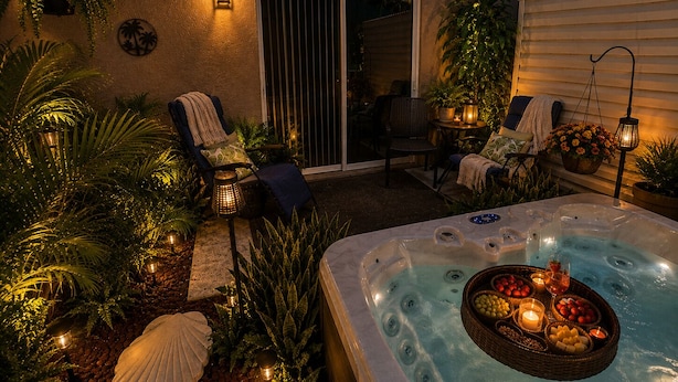 A hot tub with a tray of snacks and candles, surrounded by potted plants and outdoor furniture.