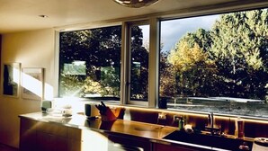A modern kitchen with a large window overlooking a body of water and trees.