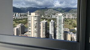 A cityscape with high-rise buildings, a park, and mountains in the background. - Pacific Monarch Top Floor Condo with Ocean, City and Mountain Views! (Honolulu)