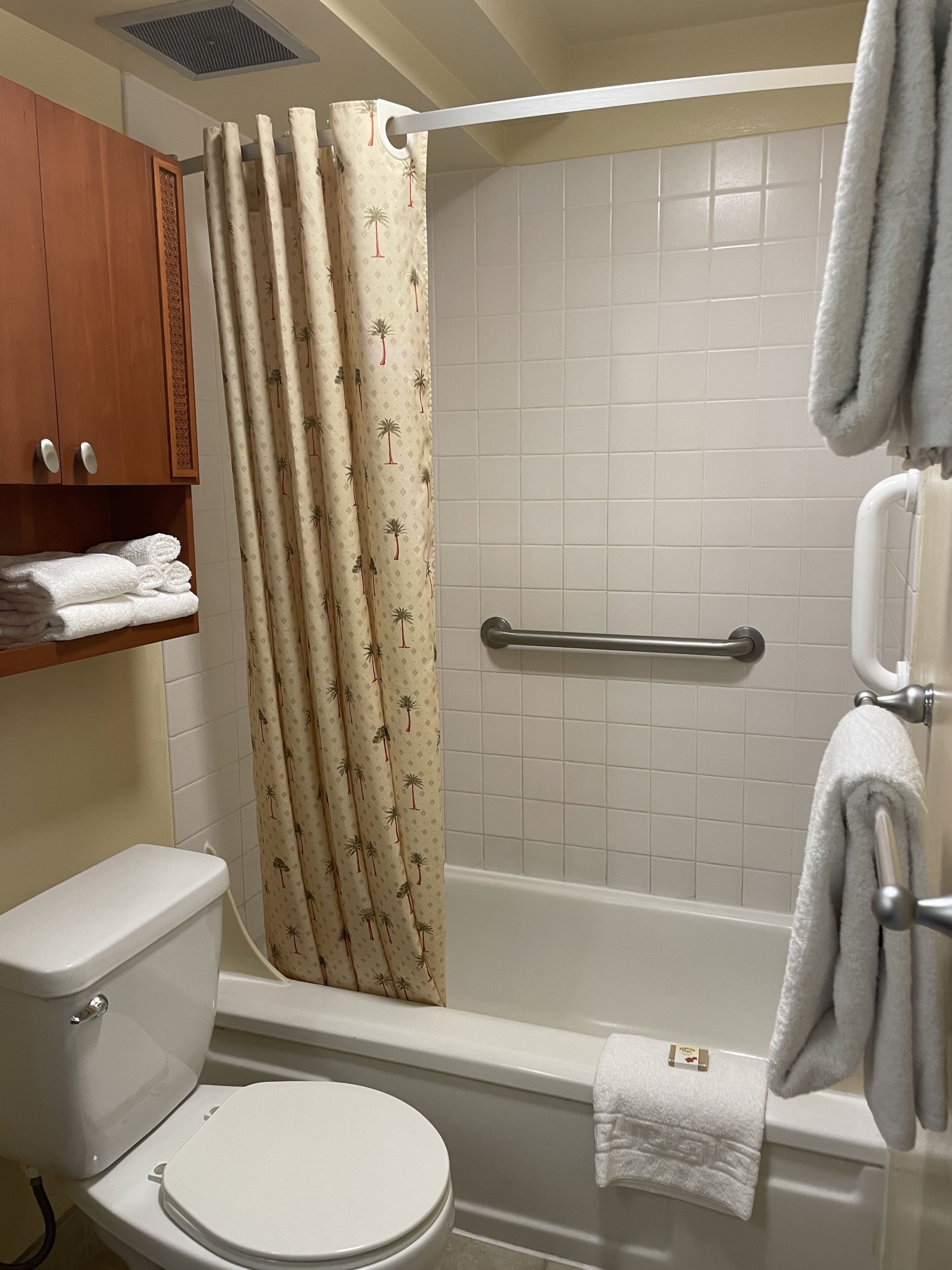 A bathroom with a toilet, a bathtub with a shower curtain, and a towel rack.