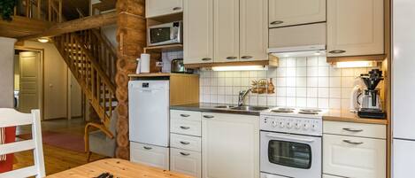 Fridge, microwave, dishwasher, cookware/dishes/utensils