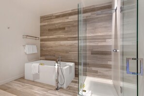 Combined shower/tub, hair dryer, towels