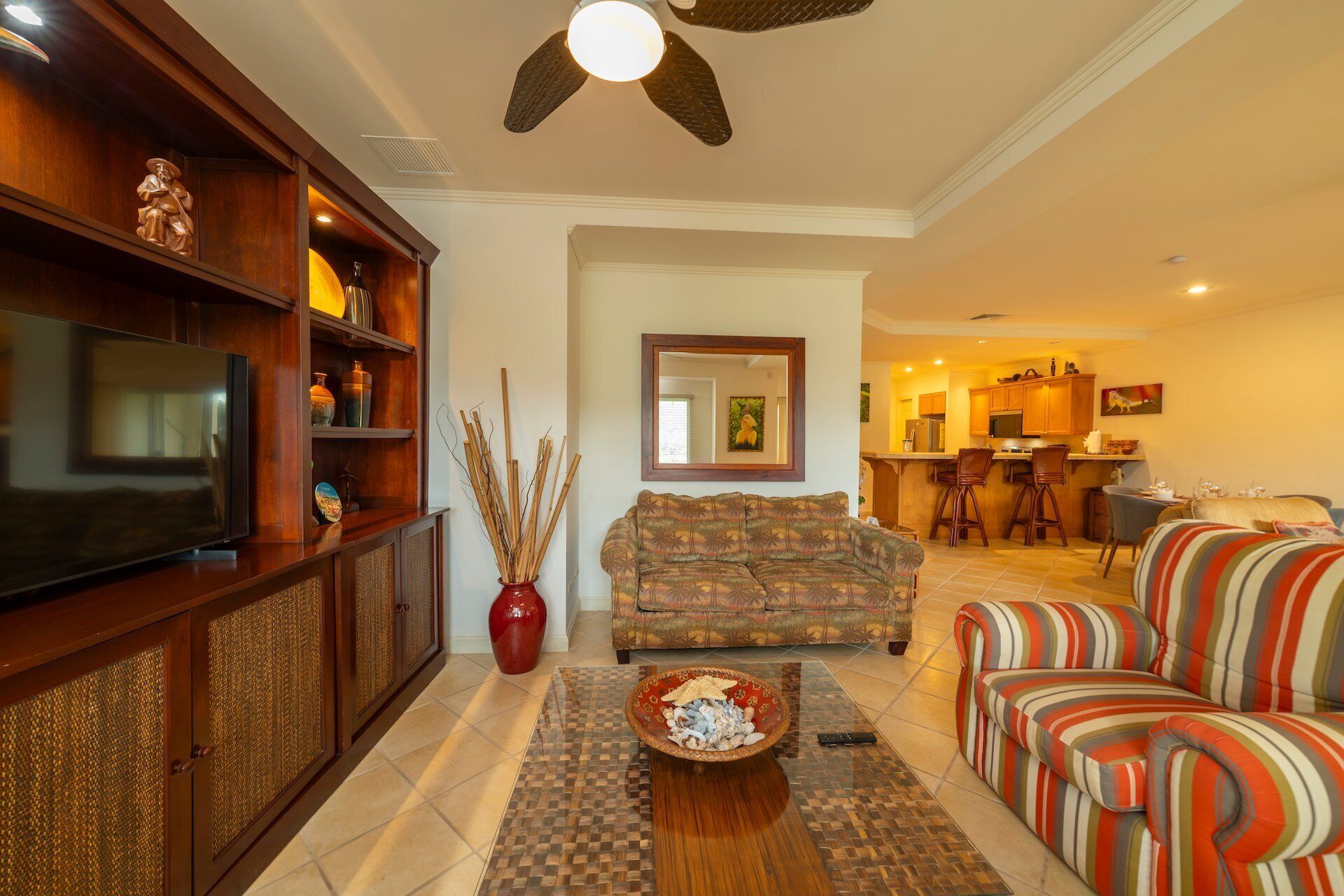 Una Smart TV, un reproductor de DVD, libros, un reproductor estéreo