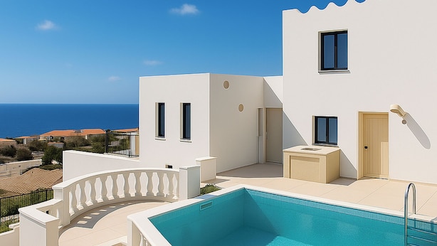 A modern building with a pool, a balcony, and a view of the sea. - Sleeps5 - Pool - BySea - Garden - Parking - PetOK (Heraklio)