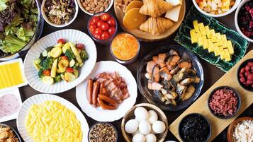 A variety of food items arranged on a table.