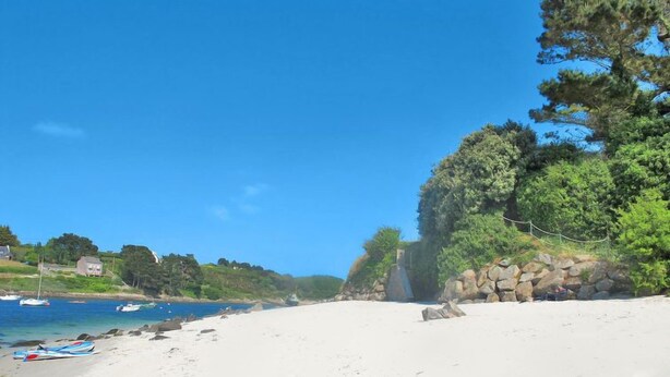 A beach with white sand, clear blue water, and boats. There are houses and trees in the background. - Les Dunes by Interhome (Saint Pabu)