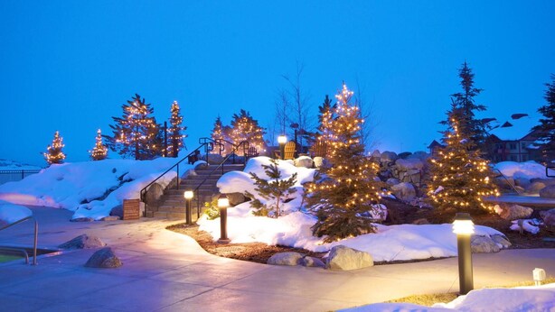 Un espace extérieur enneigé, agrémenté de sapins de Noël illuminés et d’un escalier menant à un bâtiment.