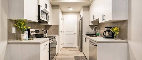 Fridge, microwave, oven, dishwasher