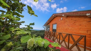 En træhytte med balkon med udsigt over et skovlandskab.