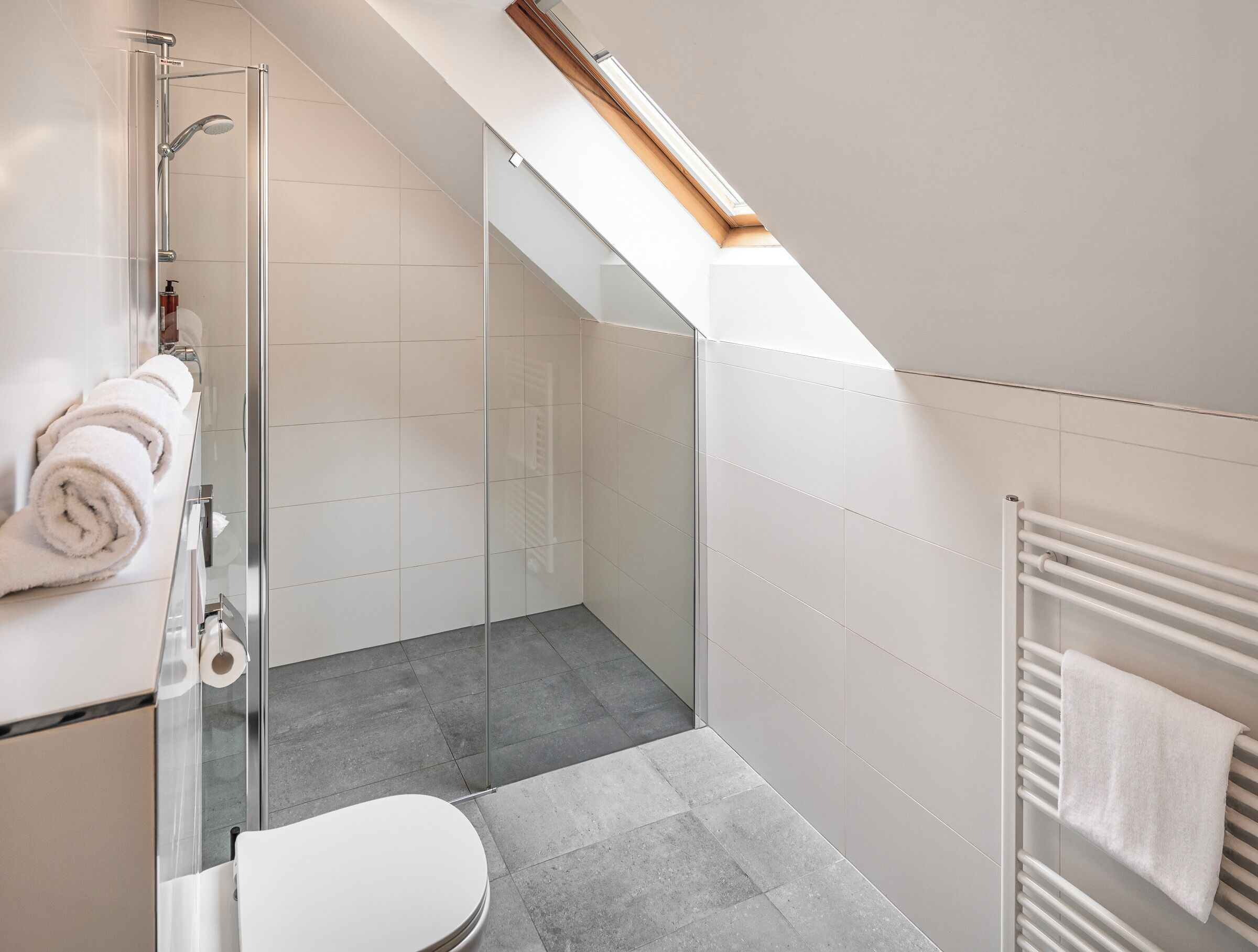 A modern bathroom with a glass shower enclosure, a toilet, and a towel rack.