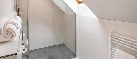 A modern bathroom with a glass shower enclosure, a toilet, and a towel rack.