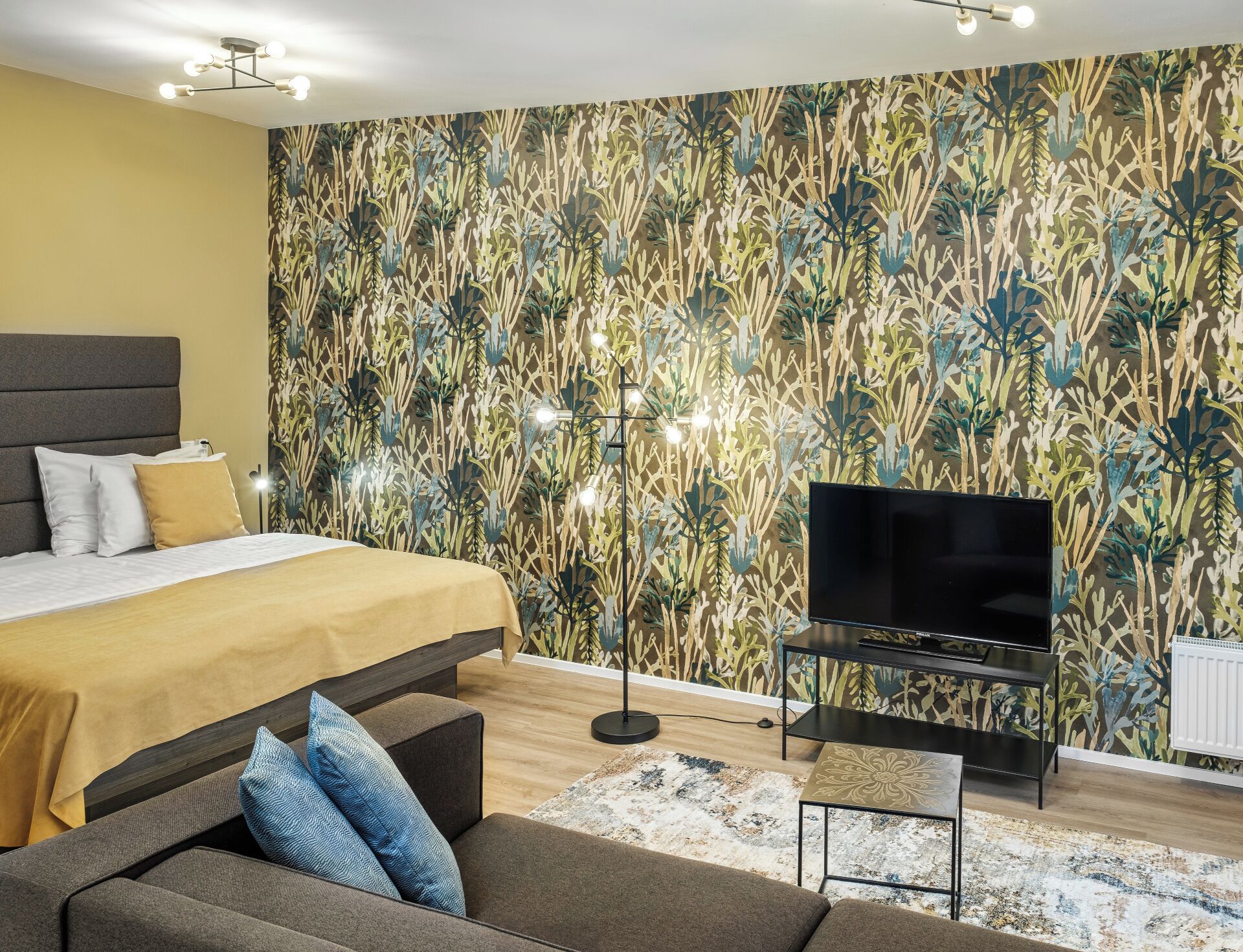 A modern bedroom with a bed, a TV, and a sofa.