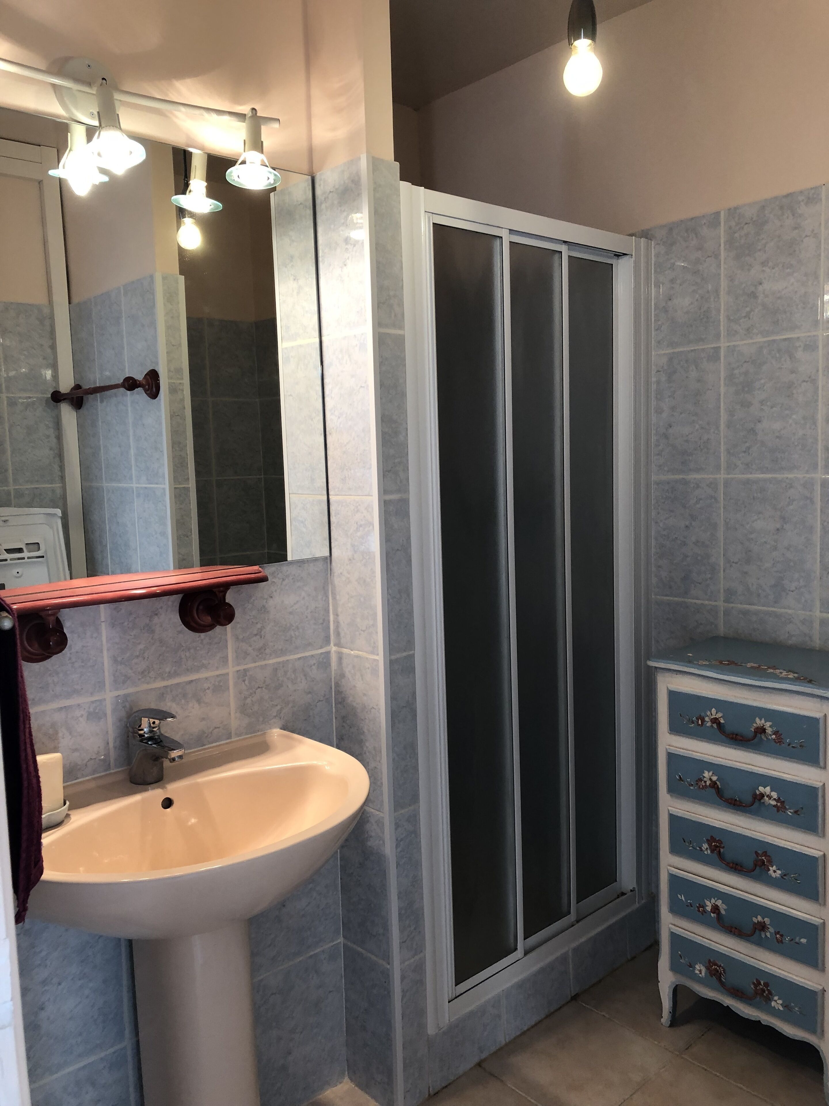 Une salle de bain équipée d’un lavabo, d’un miroir, d’une douche et d’un meuble-lavabo.