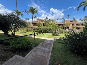A hotel courtyard with a concrete staircase leading to a building entrance, surrounded by palm trees and well-maintained lawns. - Kamaole Beach Royale #304, Panoramic Ocean View of Kam Beach #1, Full Kitchen (Kihei)