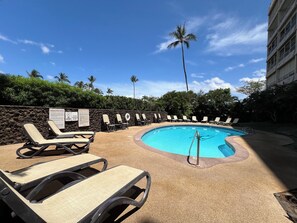 A pool area with lounge chairs and a sign indicating no diving. - Kamaole Beach Royale #304, Panoramic Ocean View of Kam Beach #1, Full Kitchen (Kihei)