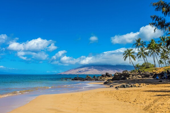 A beach with clear skies, palm trees, and a mountain in the background. - Kamaole Beach Royale #304, Panoramic Ocean View of Kam Beach #1, Full Kitchen (Kihei)