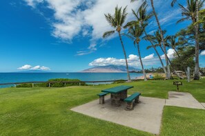 A grassy area with a picnic table and benches, palm trees, and a view of the ocean and a mountain in the background. - Kamaole Beach Royale #304, Panoramic Ocean View of Kam Beach #1, Full Kitchen (Kihei)