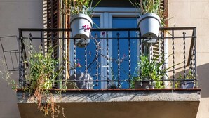 A balcony with two potted plants, a blue door, and a metal railing. - Sunny 4BD apartment in Sagrada Familia (Barcelona)