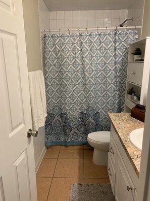 Shower, hair dryer, towels, toilet paper