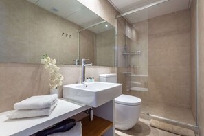 Shower, hair dryer, towels