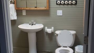 Shower, towels, soap, toilet paper