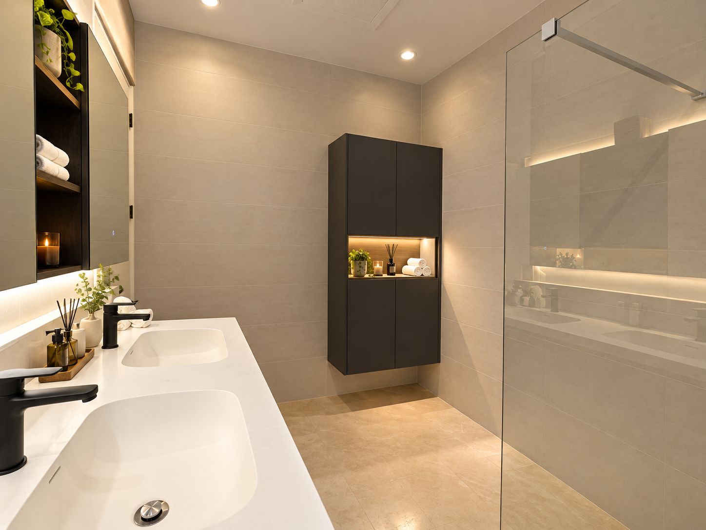 Een moderne badkamer met twee wasbakken, een donkere kast met planken en een douchecabine van glas.