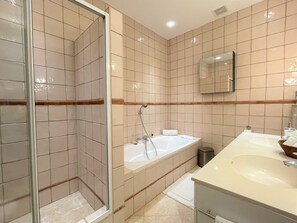 Combined shower/bathtub, hair dryer, towels, soap