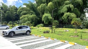 Een parkeerplaats met aangegeven parkeerplaatsen en een voetgangersoversteek.