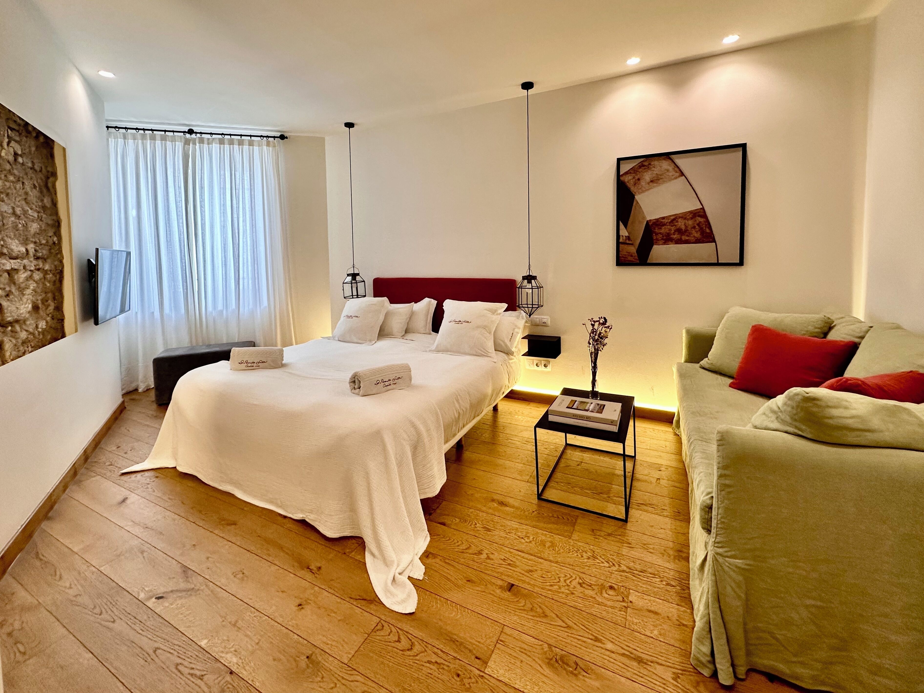 Habitació d'hotel amb un llit, un sofà, una taula petita amb un llibre, una televisió penjada a la paret i un quadre.