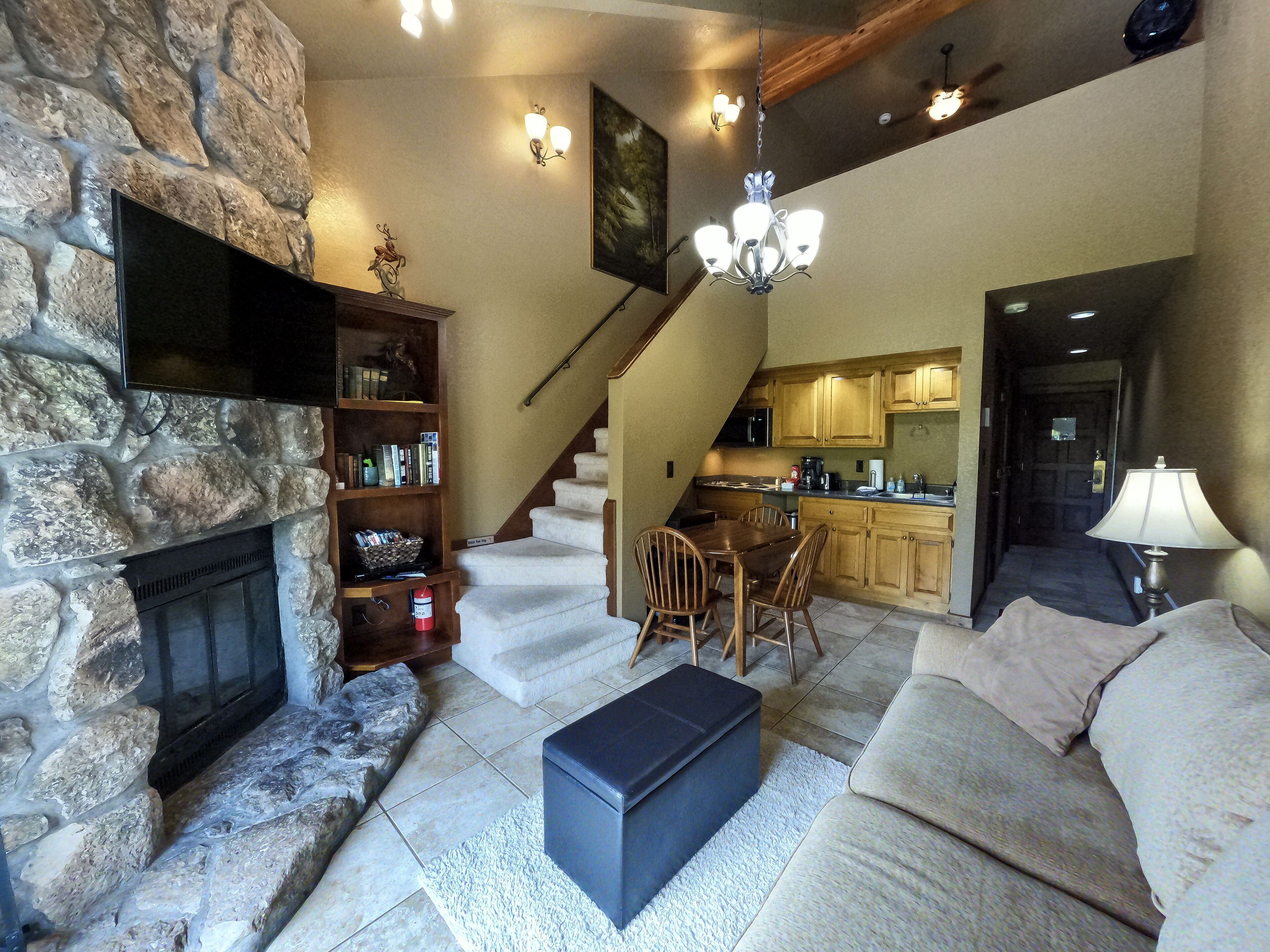 Smart TV, fireplace, DVD player, foosball