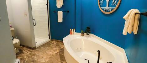 Douche, baignoire Ă remous, serviettes fournies