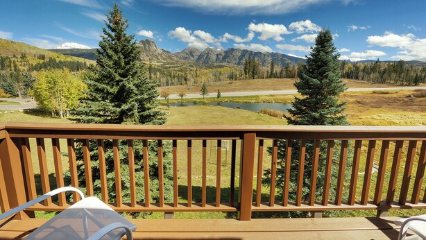 Une terrasse en bois offrant une vue sur un paysage montagneux, avec un lac et des arbres.