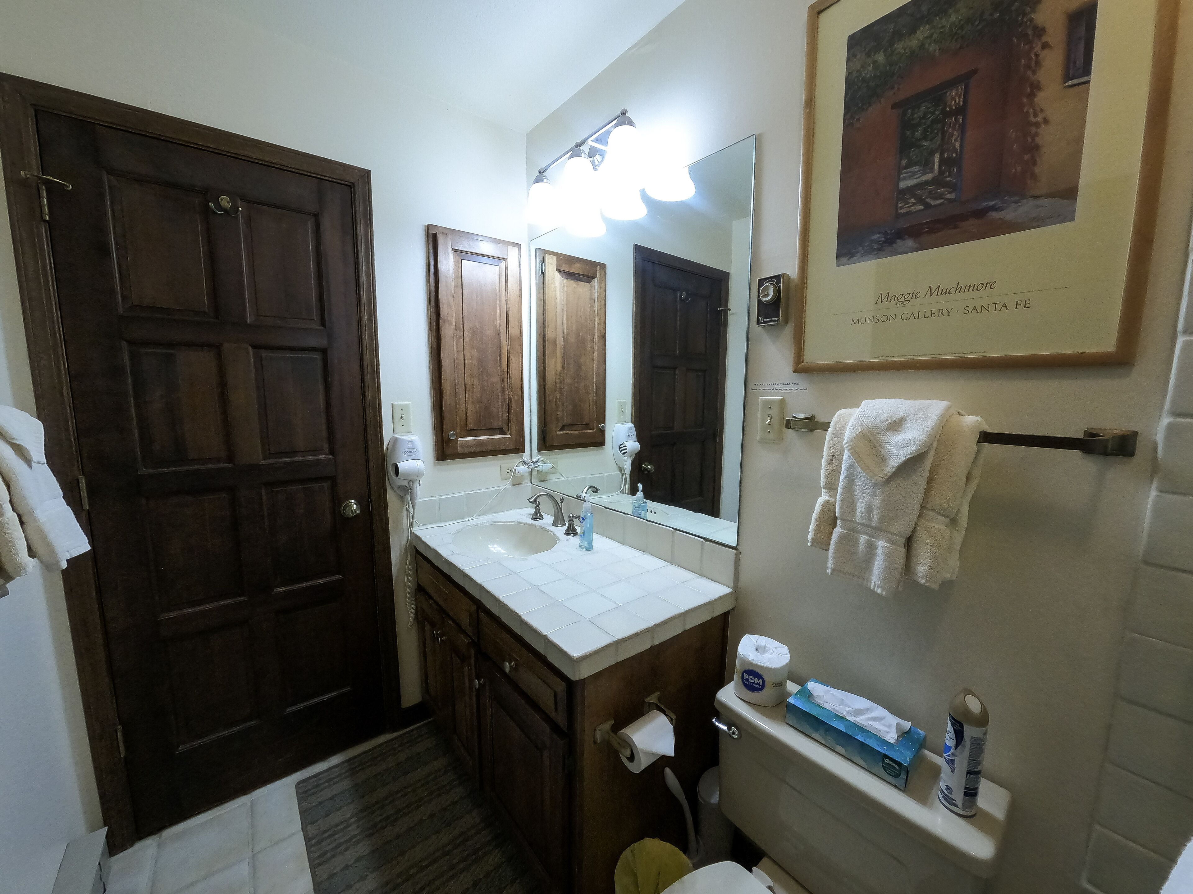 A bathroom with a wooden door, a white sink, a mirror, and a framed picture on the wall.