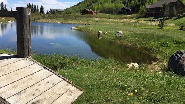 Une jetée en bois mène à un lac paisible, bordé d’une végétation luxuriante et dominé par une montagne boisée.
