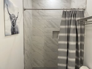 Regadera, secadora de cabello, toallas, jabón