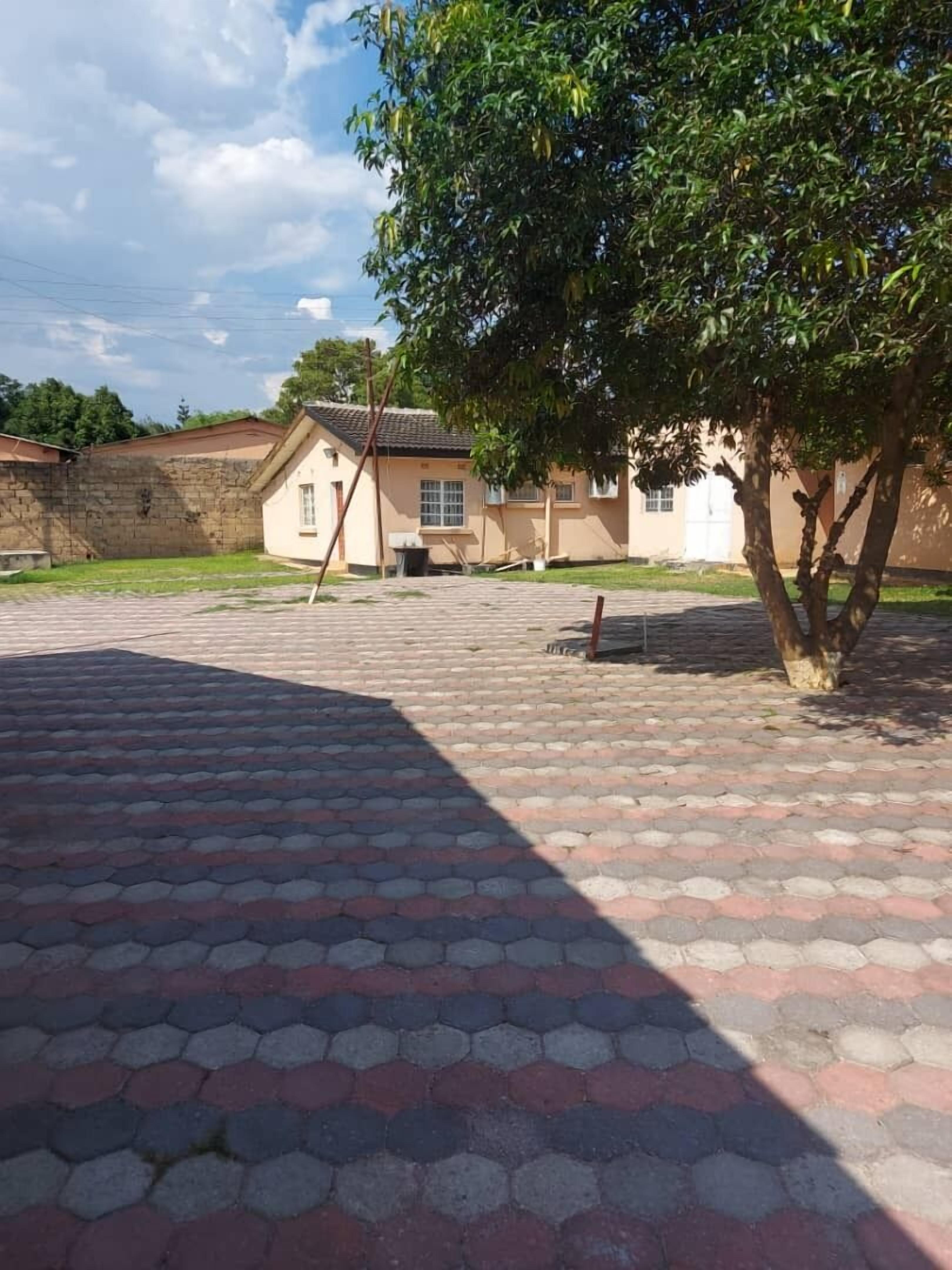 A paved courtyard with a building in the background, a tree, and a stone wall.