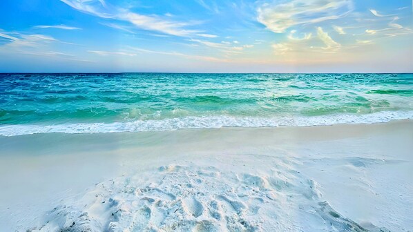On the beach, sun-loungers