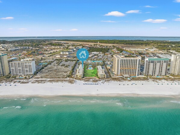 On the beach, sun loungers