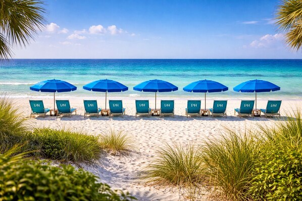 On the beach, sun loungers