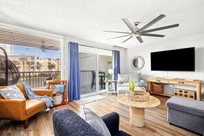 Smart TV, fireplace, books