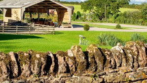 A rustic barn with a sloped roof and wooden beams, surrounded by a stone wall and lush green fields. - Frith Green (Bromyard)