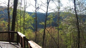 A wooden deck with a railing overlooking a forested area with trees and a distant mountain range. - Experience mountain living at The Fiddlers Green (Bryson City)